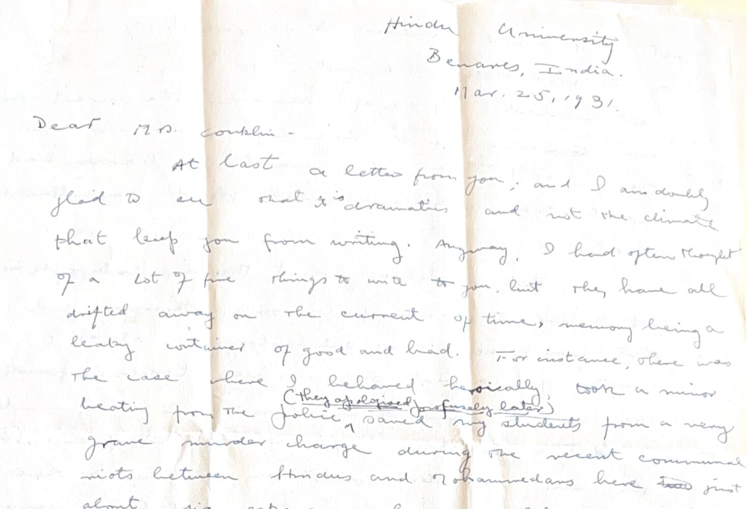 A handwritten letter from Hindu University, Benares, dated March 1931