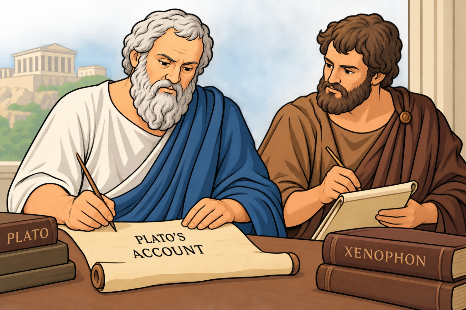 Plato and Xenophon each writing their own account