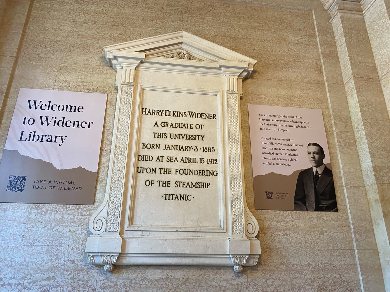 Memorial plaque for Harry Elkins Widener inside Widener Library