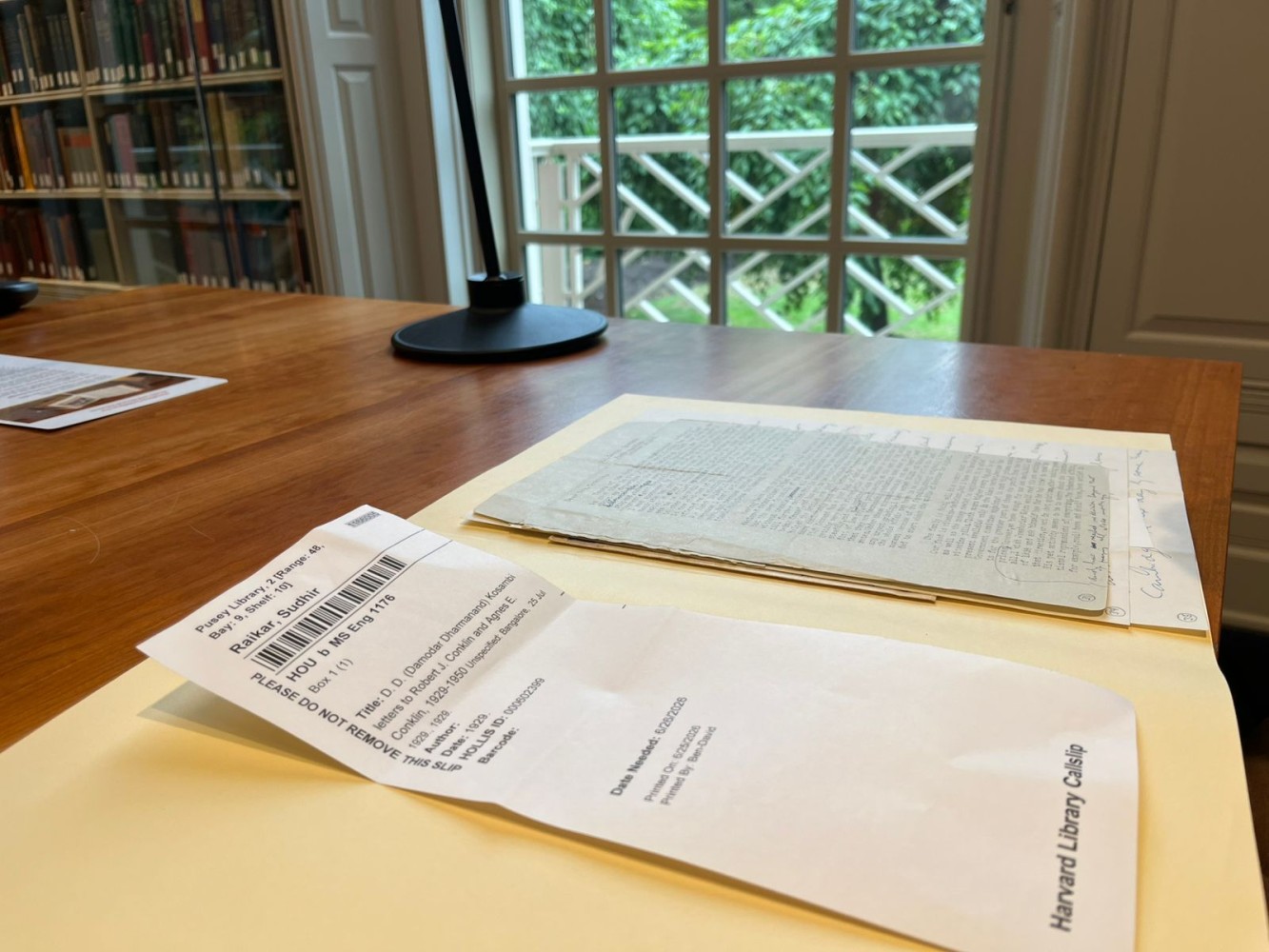 The Harvard Library callslip and archival letters, requested and read in the reading room