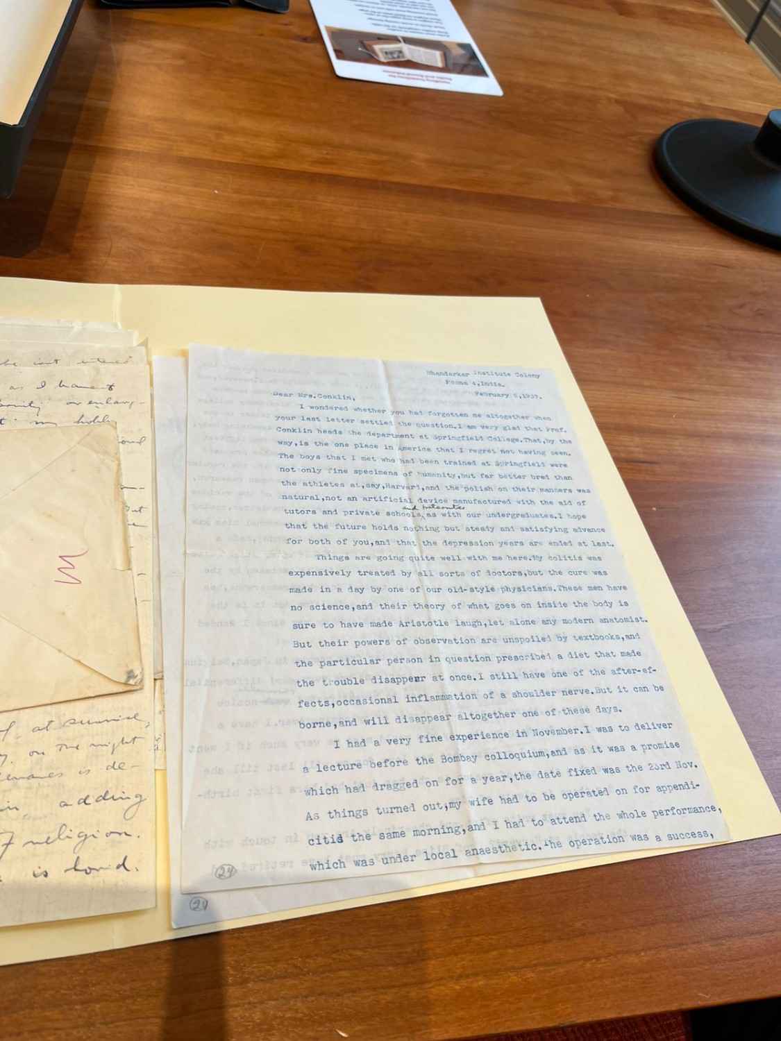 One of D.D. Kosambi's typed letters to Mrs. Conklin, dated February 1937