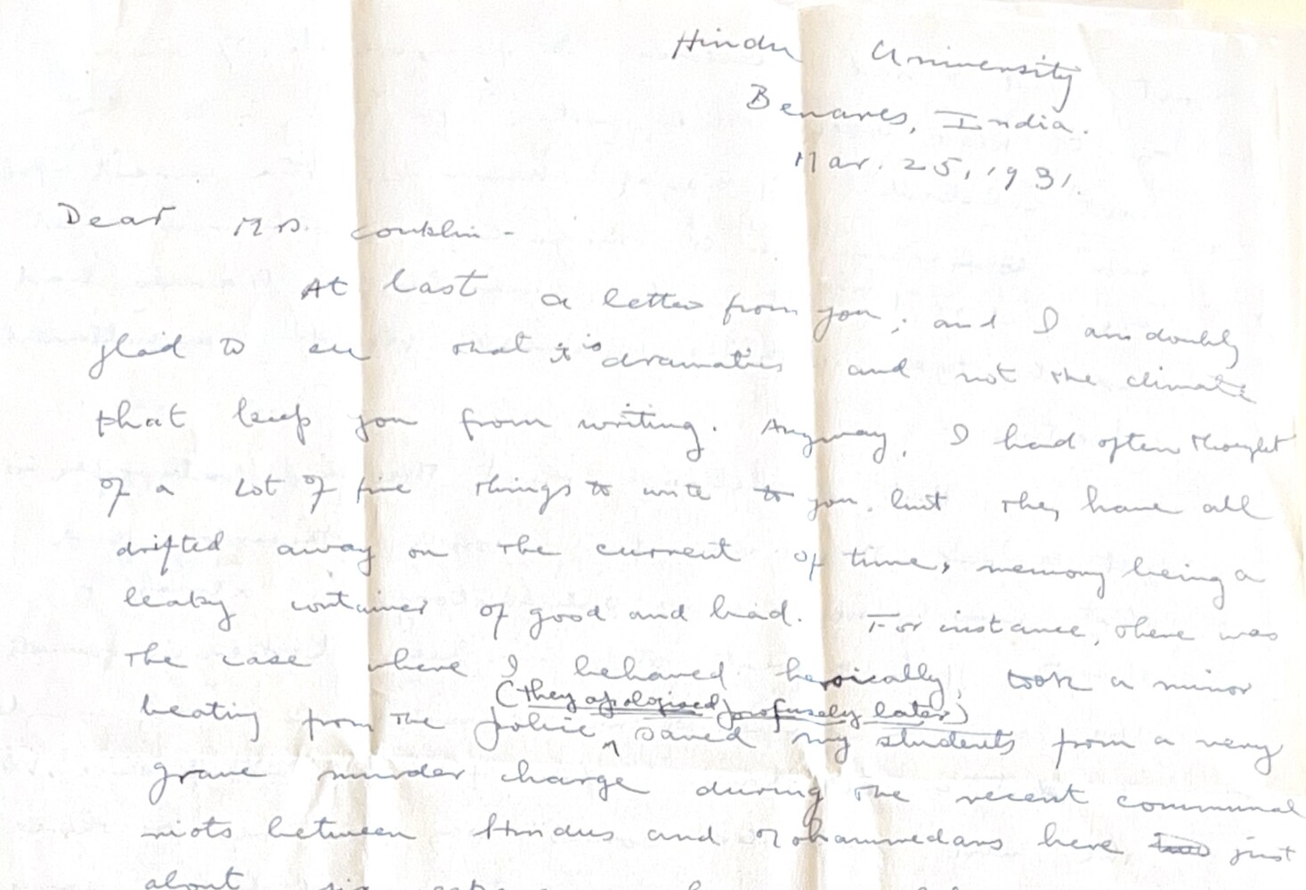 A handwritten letter from Hindu University, Benares, dated March 1931