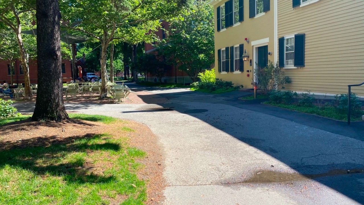 A Harvard campus walkway and courtyard near the old canteen site
